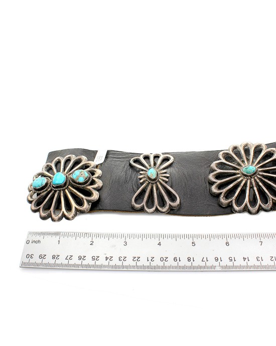 Large Navajo Sand Cast Sterling Silver Turquoise Concho Belt
